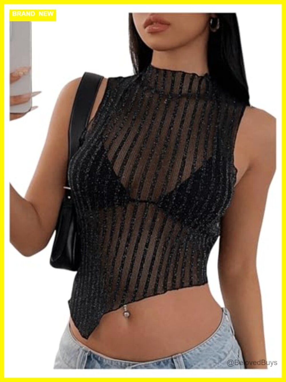 Sheer Mesh Mock Neck Asymmetrical Tank Top Slim Fit Rave Crop Top